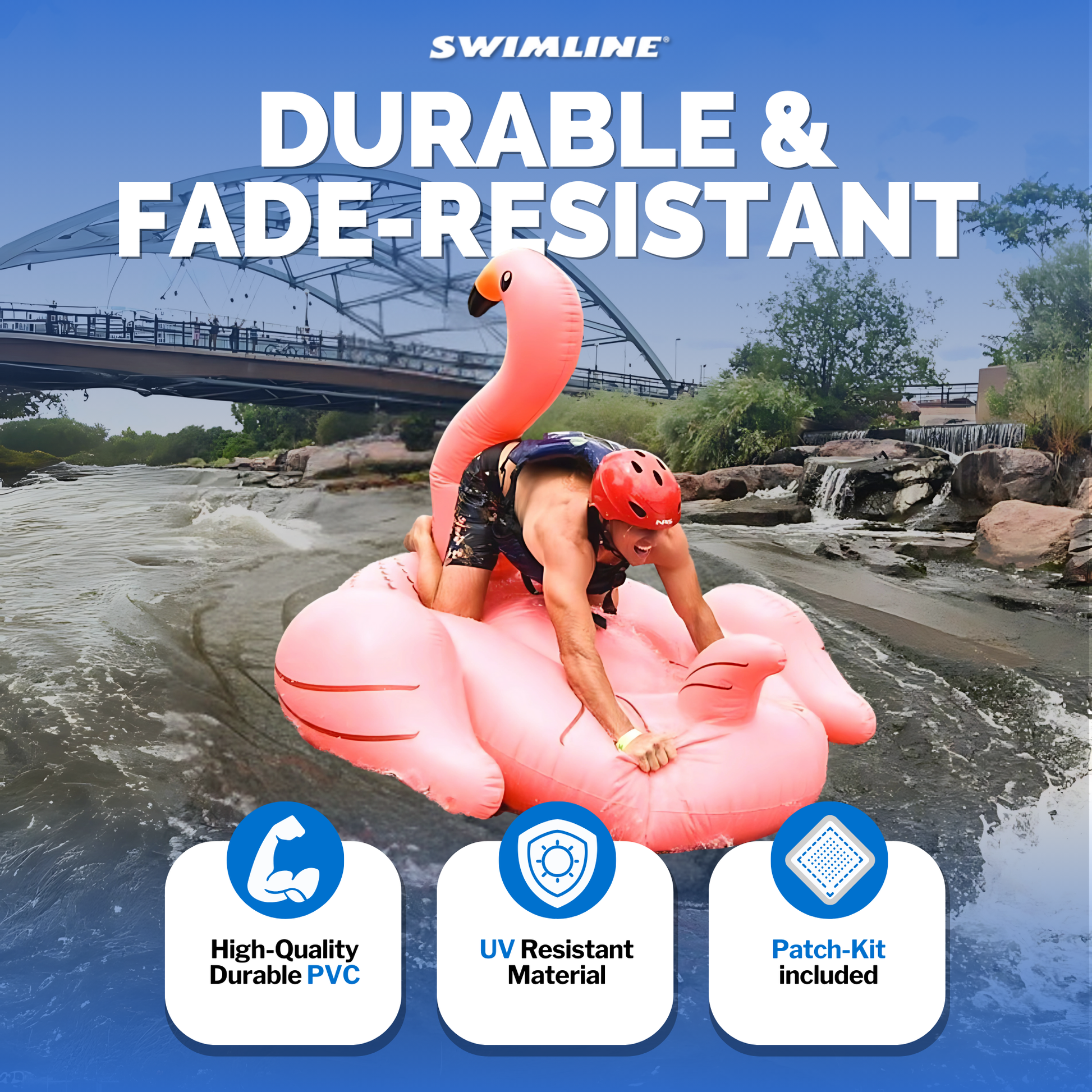 Swimline giant flamingo float durable and fade-resistant feature graphic with riders on it