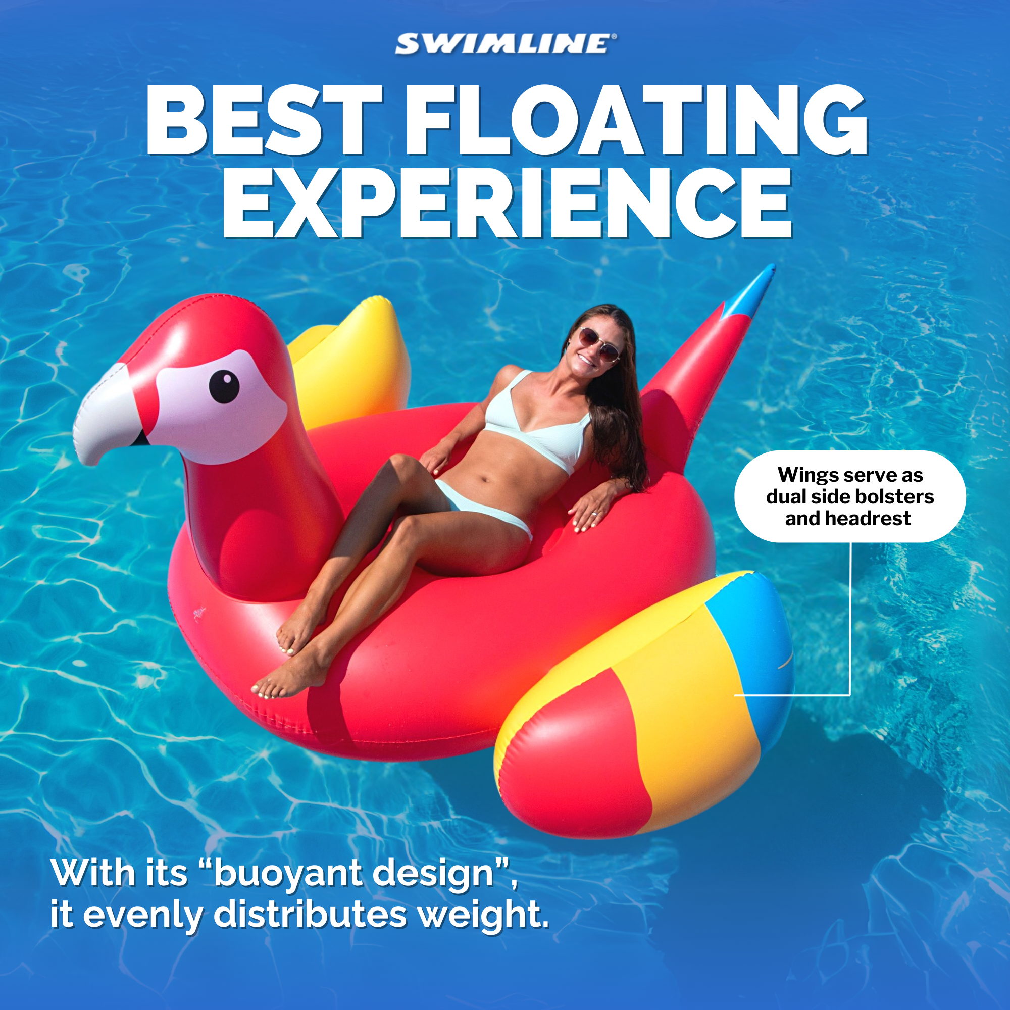 Swimline giant parrot float best floating experience graphic with a woman lounging on it