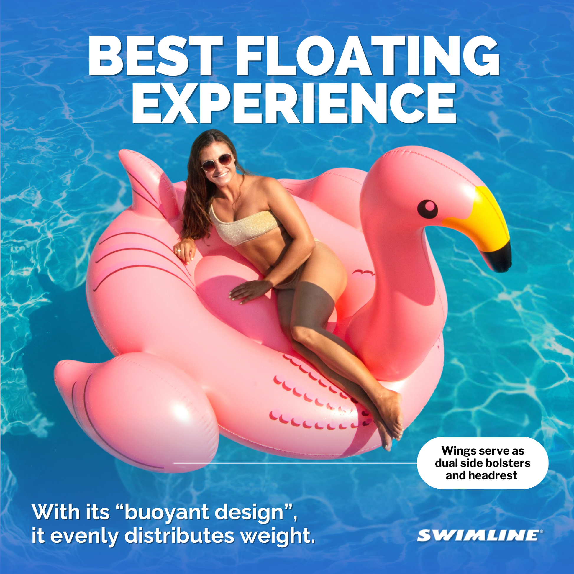 Swimline giant flamingo float best floating experience graphic with a woman lounging on it