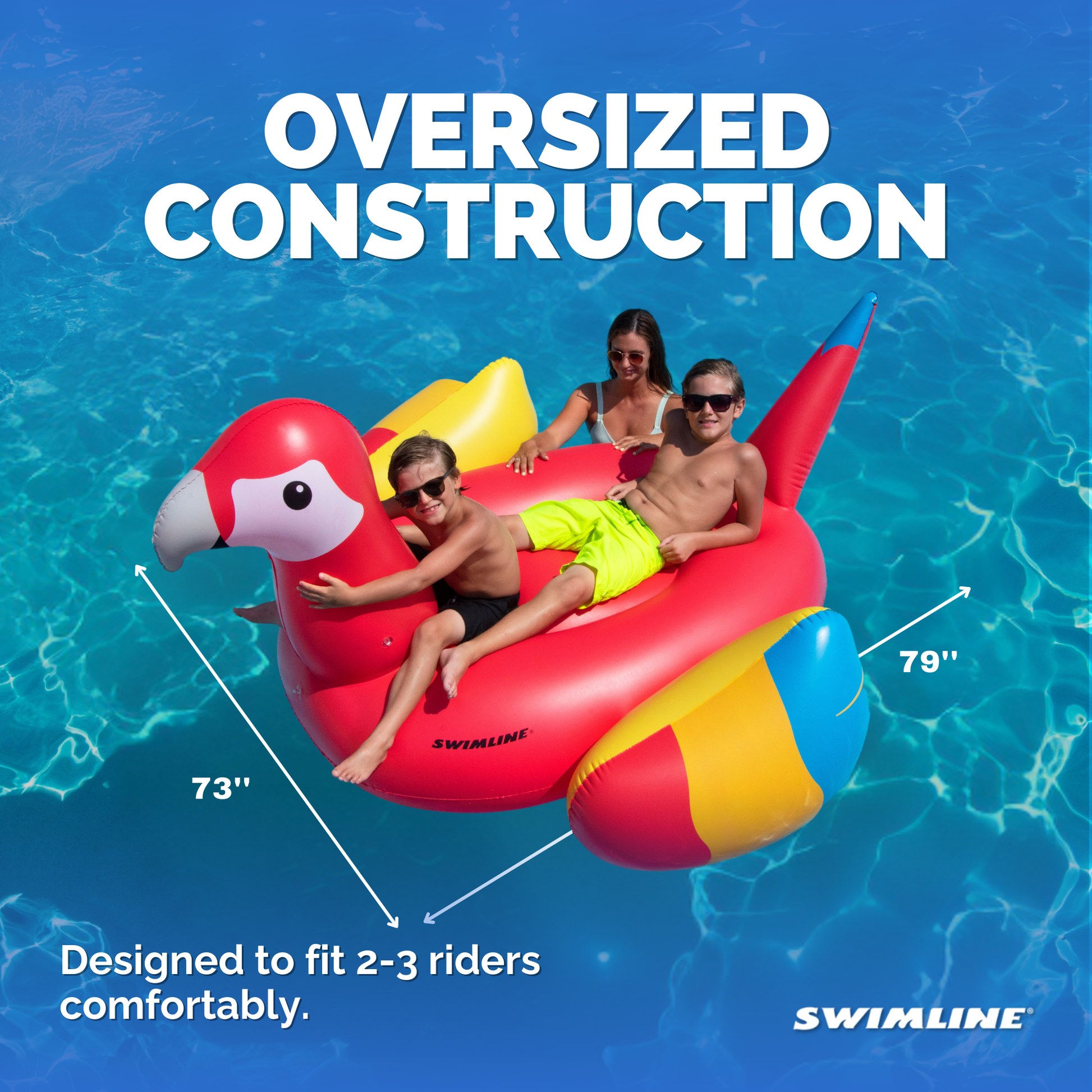 Swimline giant parrot float oversized construction graphic showing it fits 2 to 3 riders
