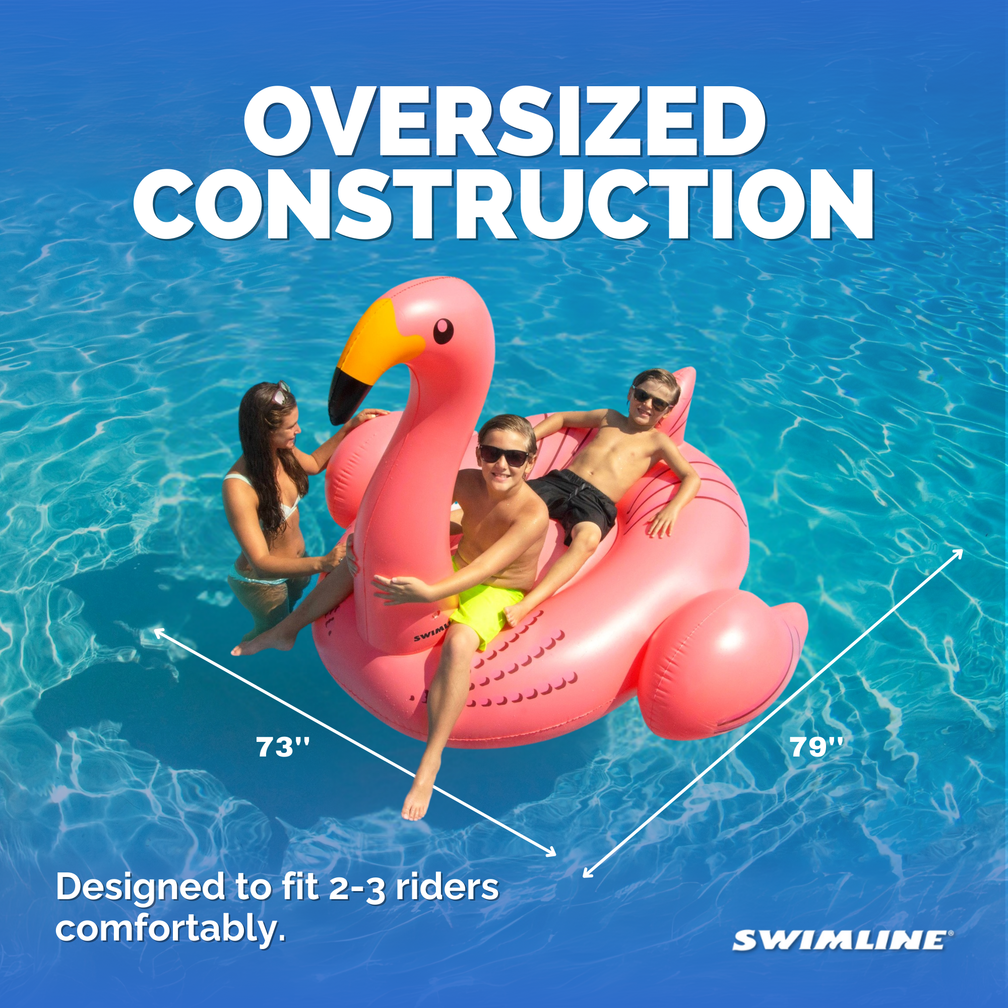 Swimline giant flamingo float oversized construction graphic showing it fits 2 to 3 riders