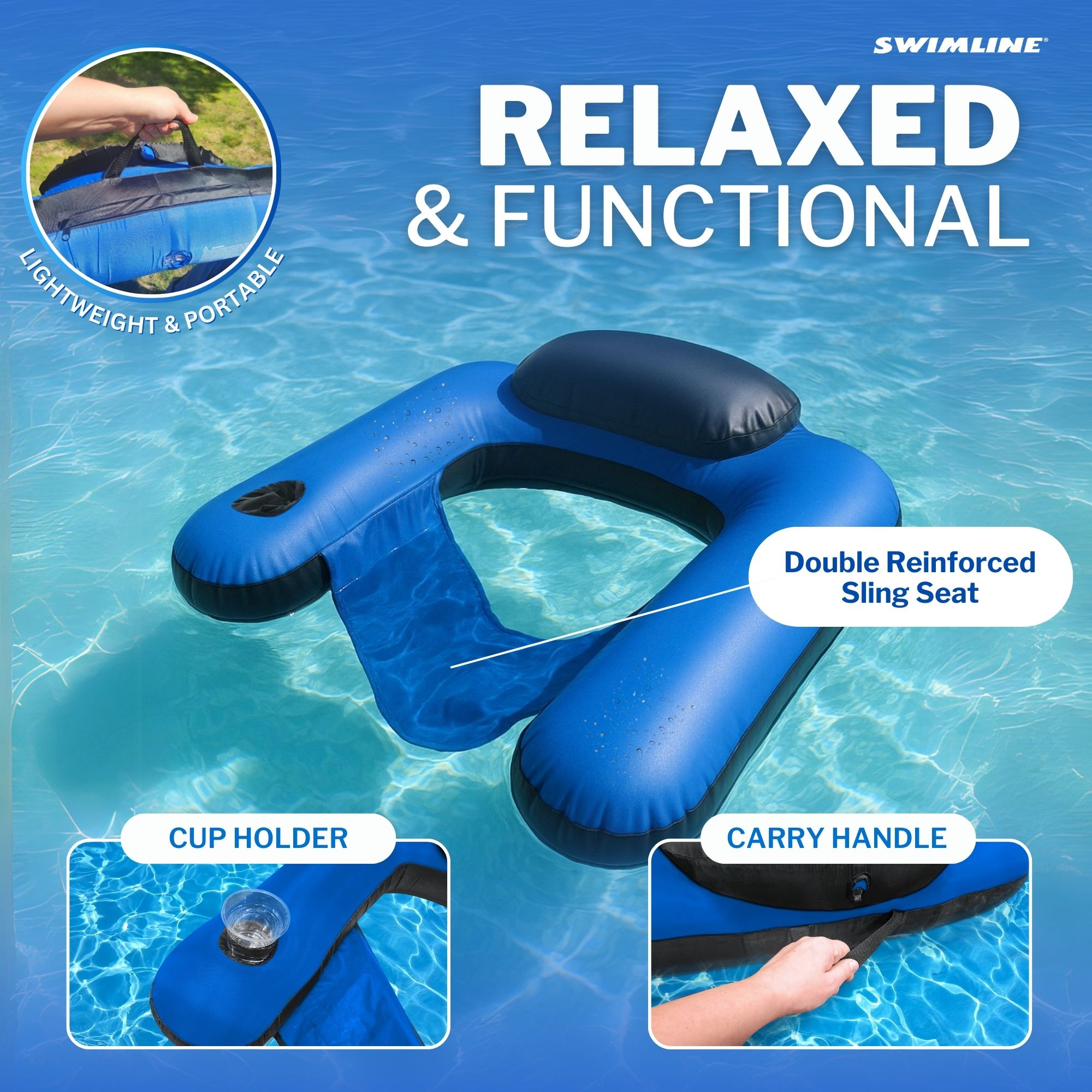 Fabric Covered U-Seat Pool Float | Mesh Sling Seat | Cupholder | 32" x 25"