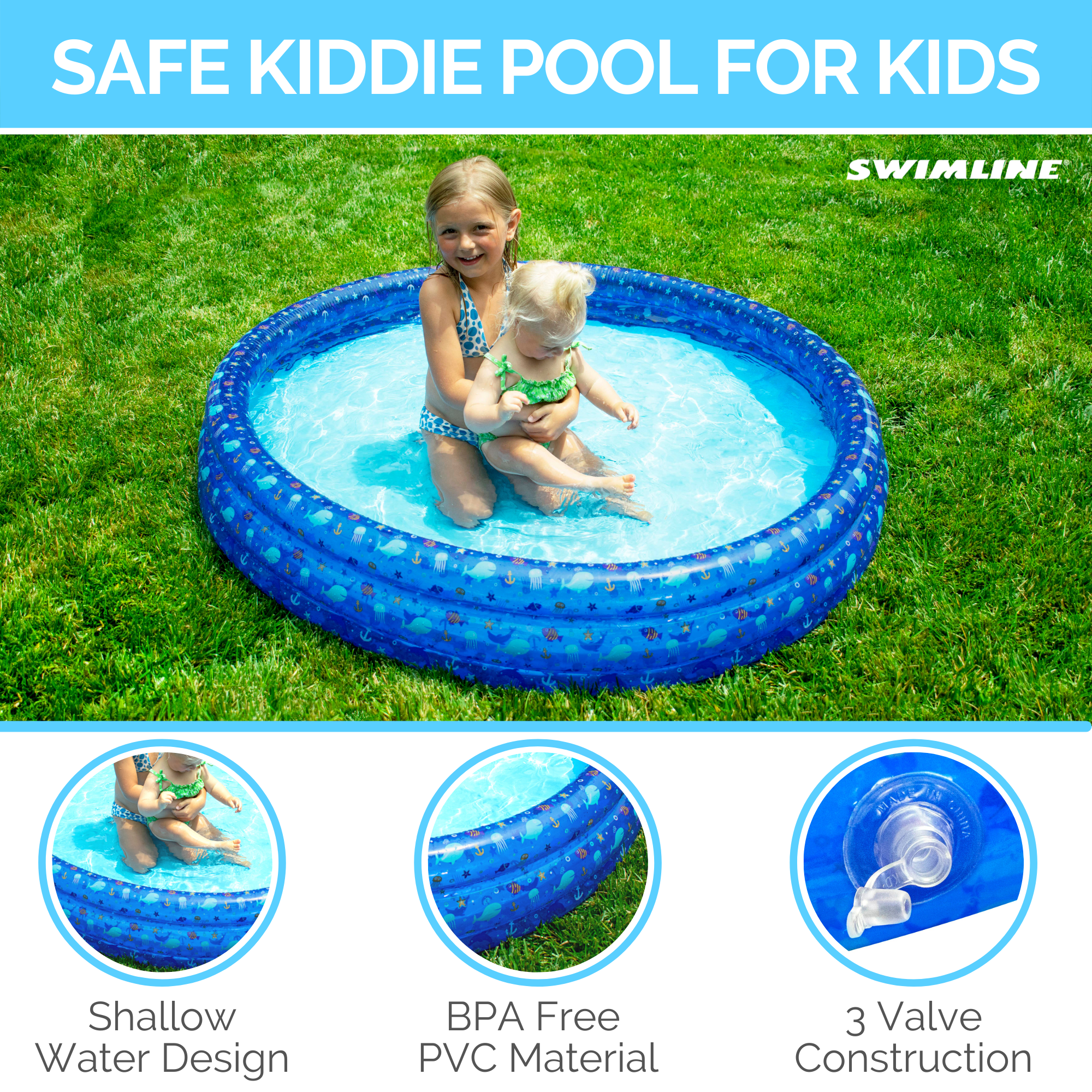 Classic 3-Ring Kiddie Pool | 60" Diameter | BPA-Free PVC | Drain Valve