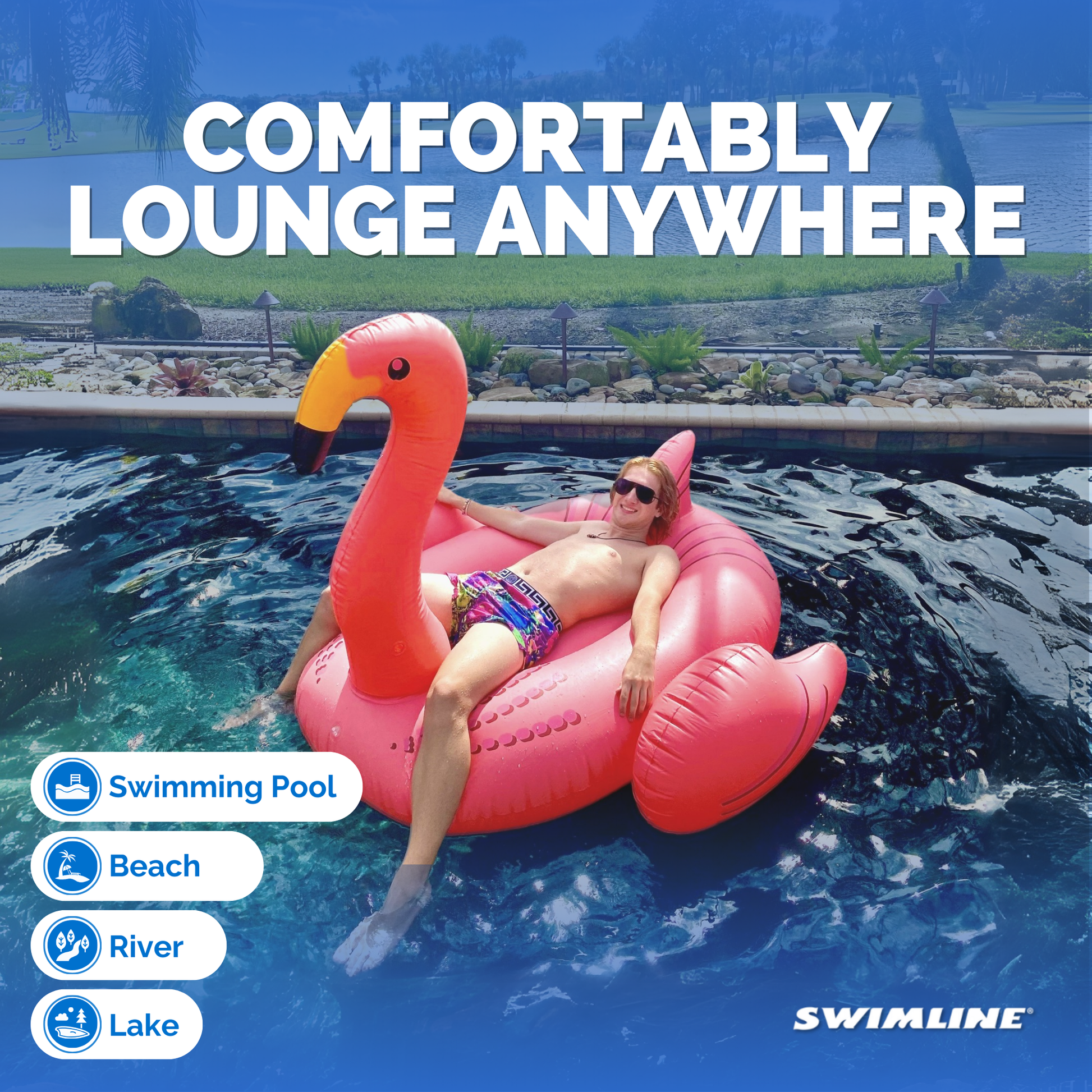 Swimline giant flamingo float comfortably lounge anywhere graphic with pool, beach, river and lake icons