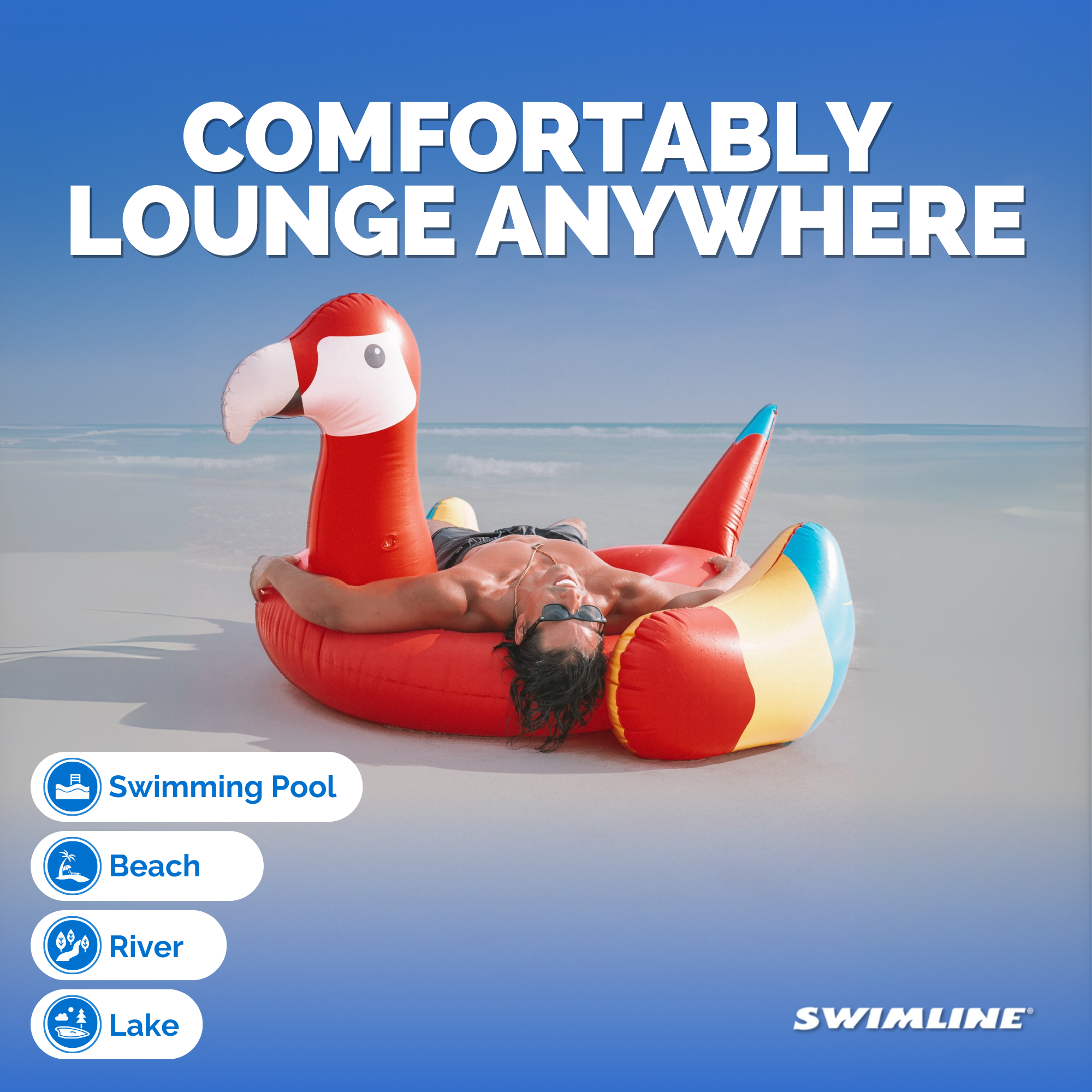 Swimline giant parrot float comfortably lounge anywhere graphic with pool, beach, river and lake icons