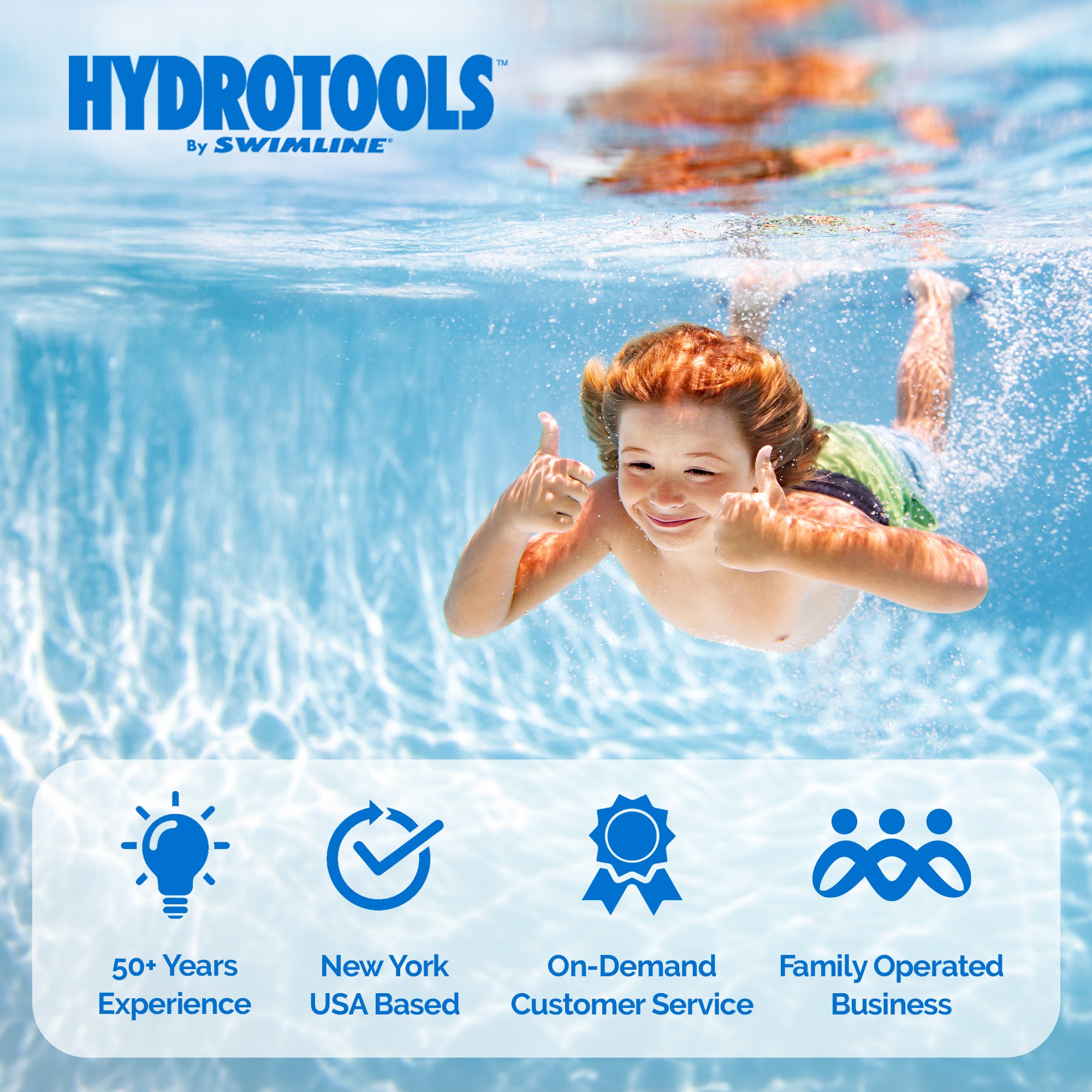 Swimline round pool liner pad lifestyle graphic with a child swimming, available 12 to 33 feet
