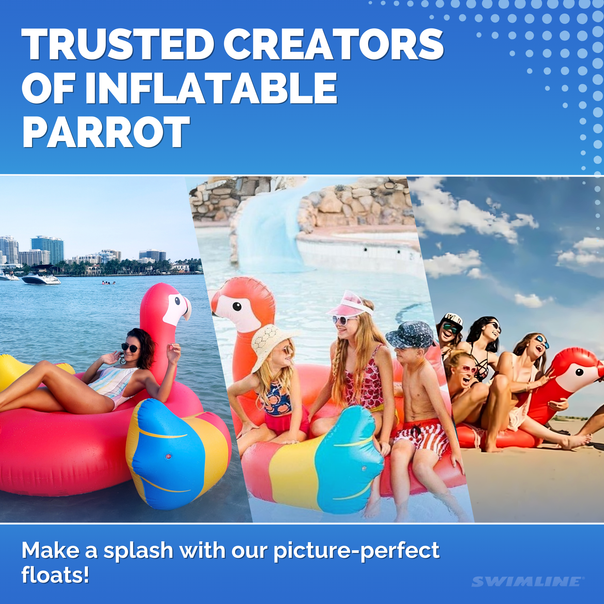 Swimline giant parrot float trusted creators of inflatable parrot lifestyle graphic with people