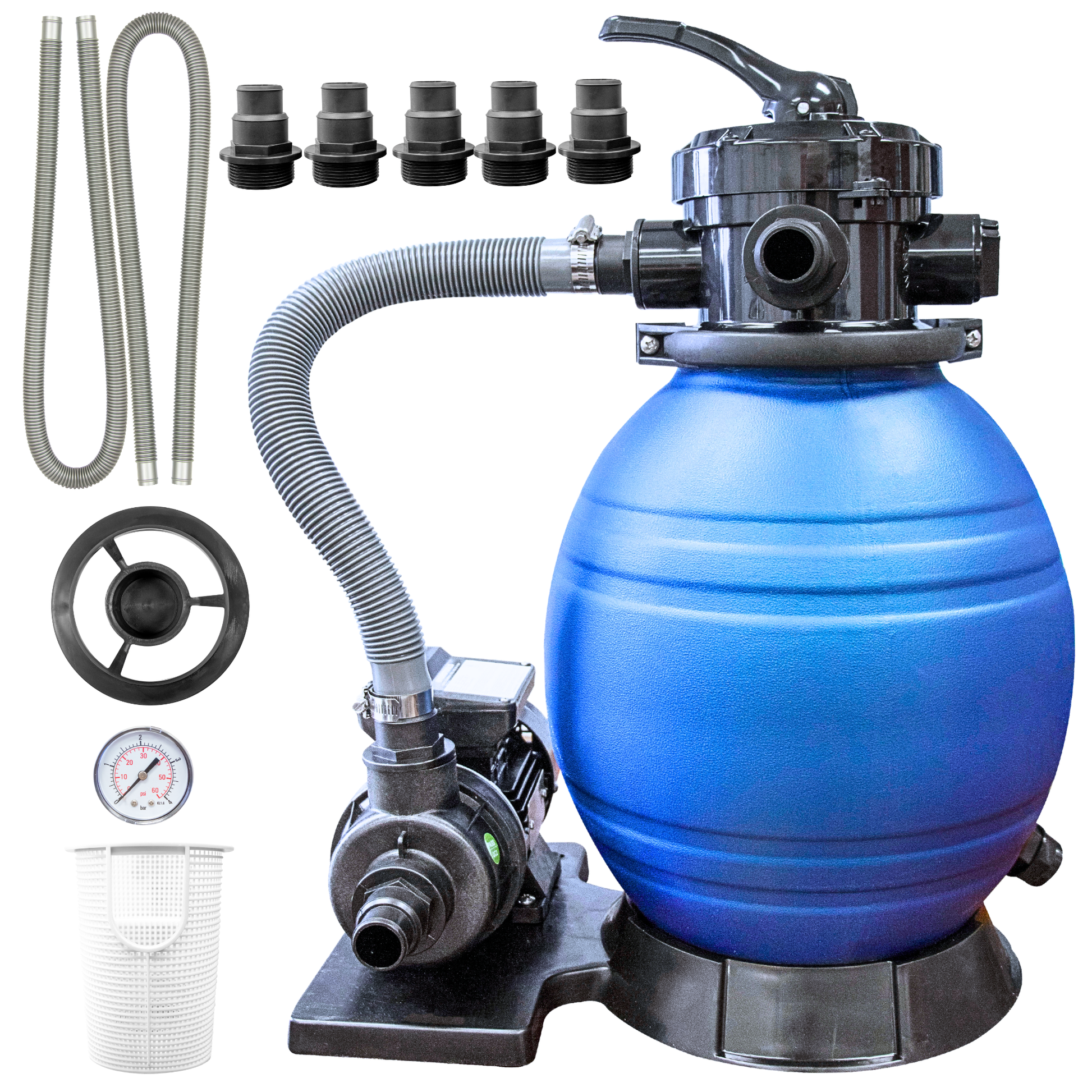 Swimline Hydro-Flo single speed sand filter system, blue tank with multiport valve, pump and gauge