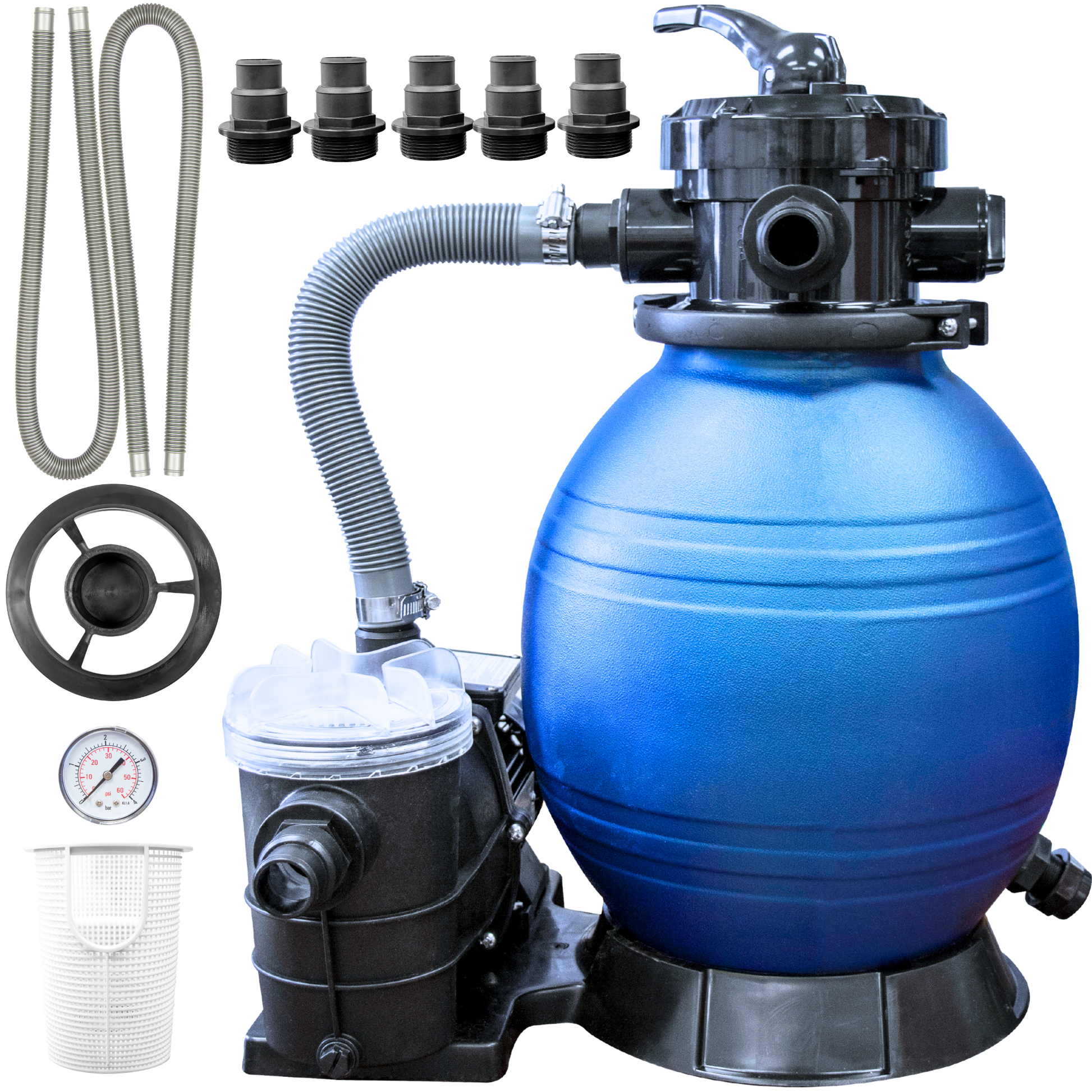 Swimline Hydro-Flo single speed sand filter system, blue tank filter setup, alternate view