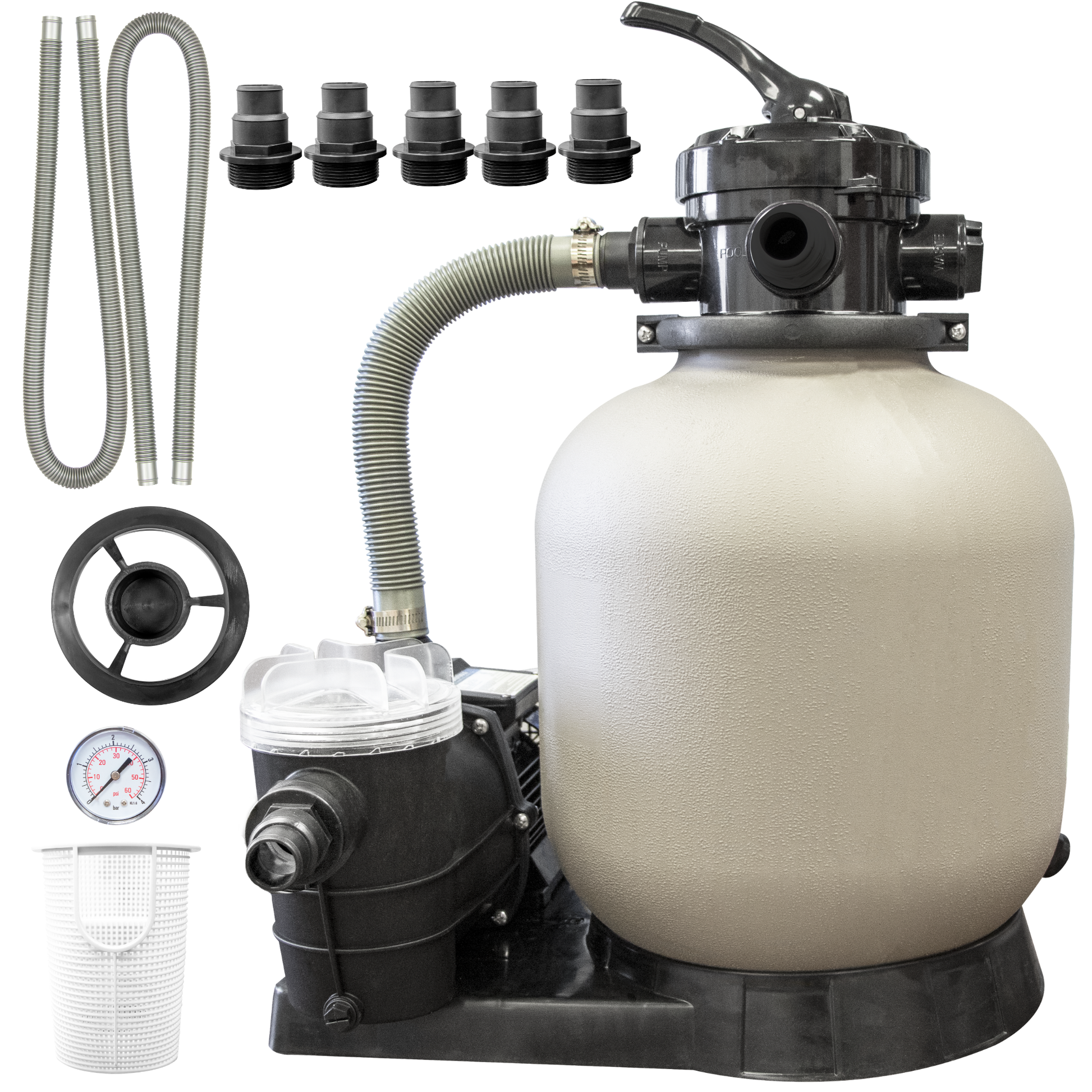 Swimline Hydro-Flo single speed sand filter system, tan tank with multiport valve, pump and gauge