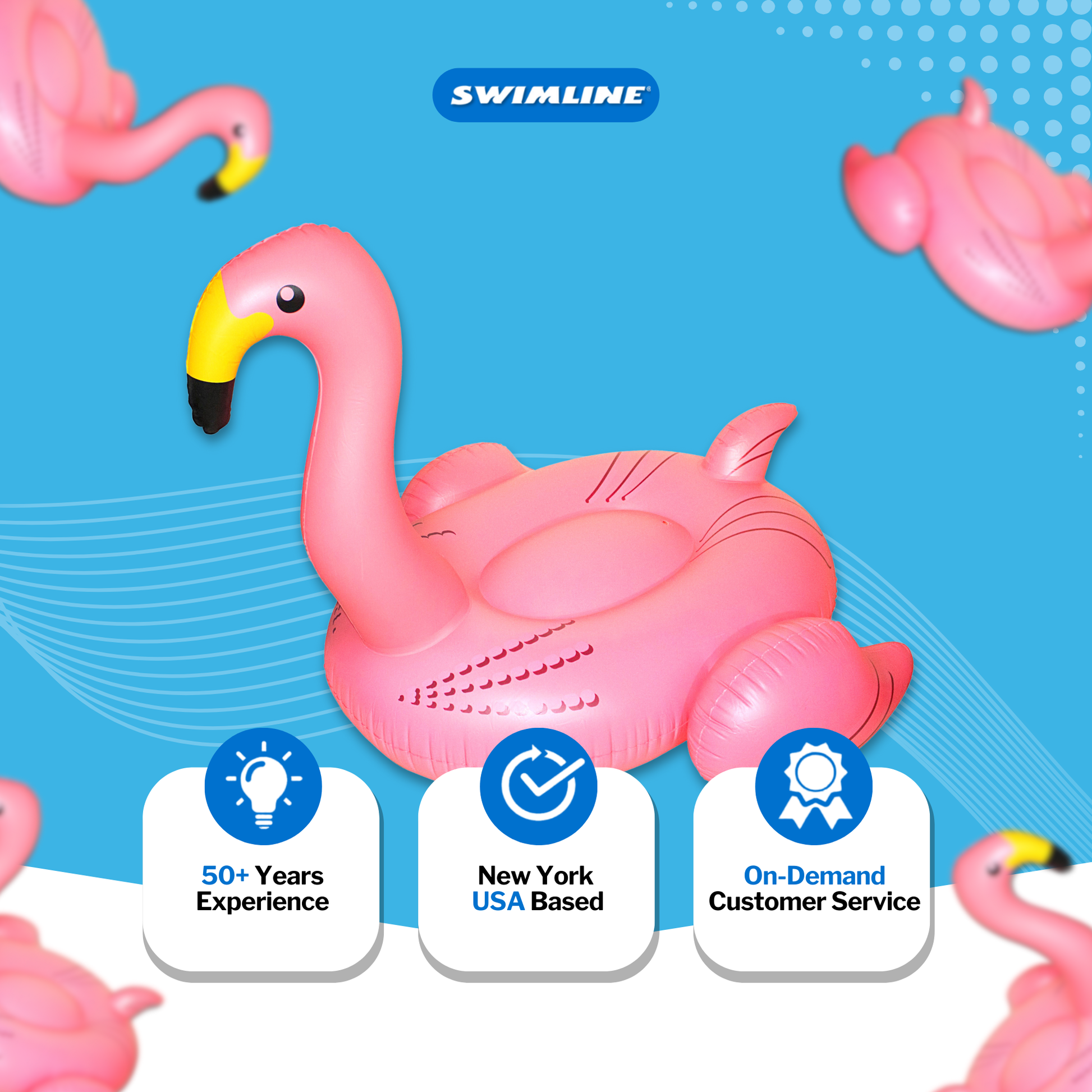 Swimline giant flamingo float brand graphic with the pink flamingo and company badges