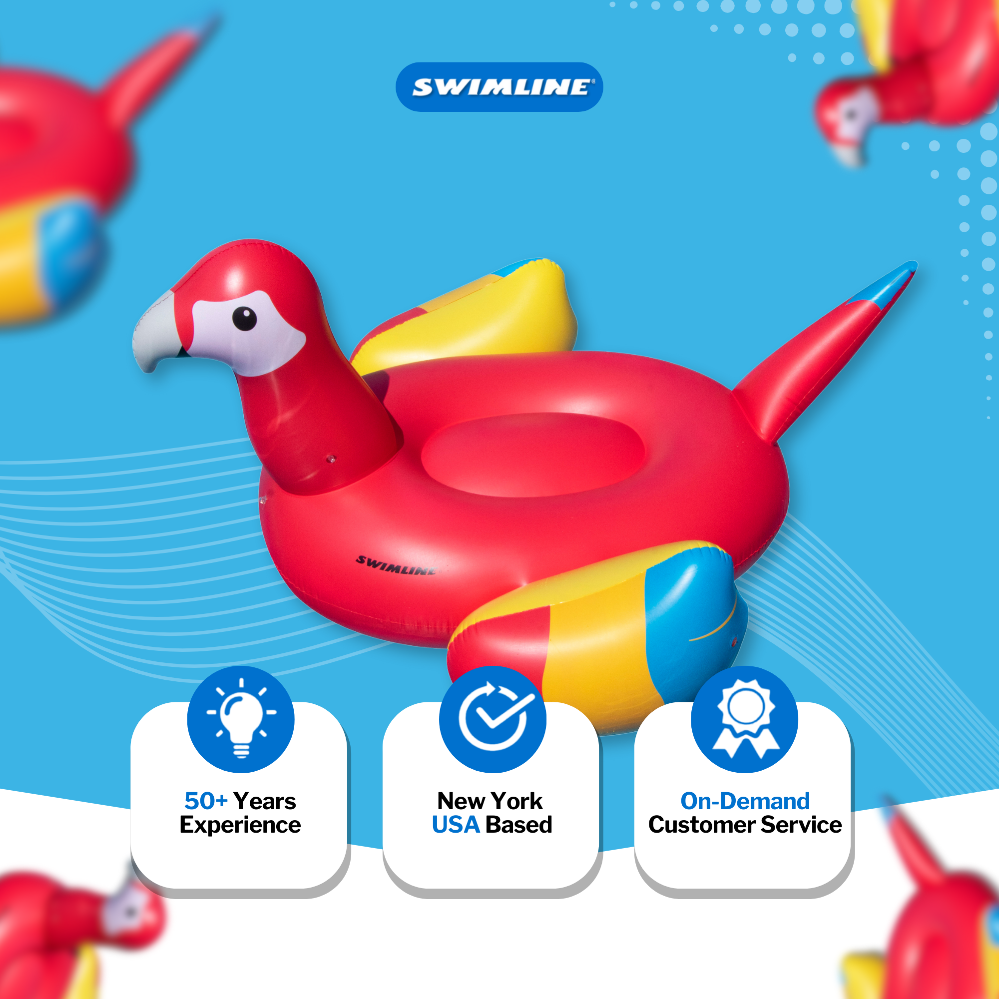 Swimline giant parrot float brand graphic with the colorful parrot and company badges