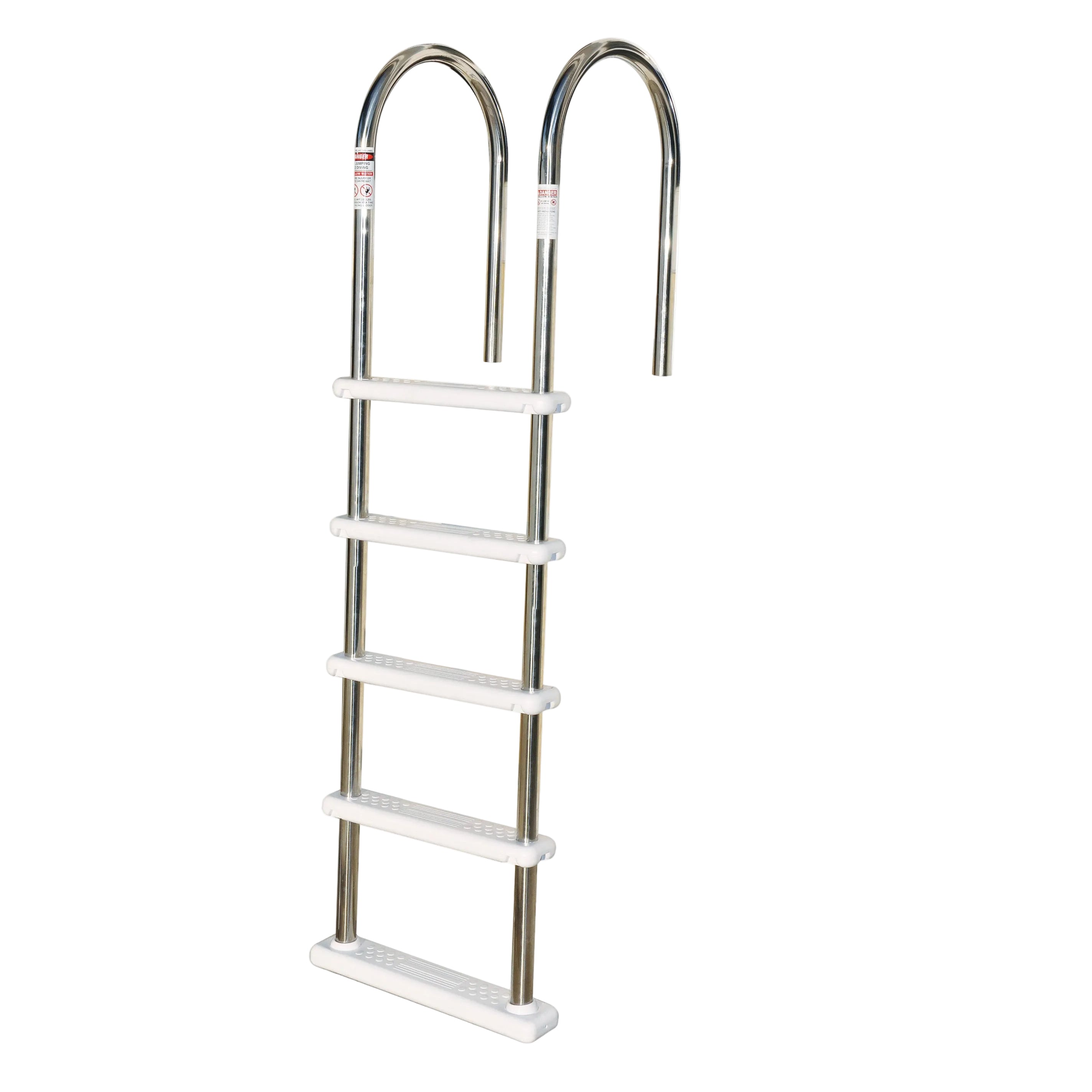 Marine ladder with white steps and metal handrails on a white background