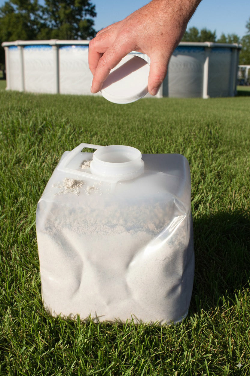 Swimline 87935 weight anchor bag closing cap detail with a hand on the grass
