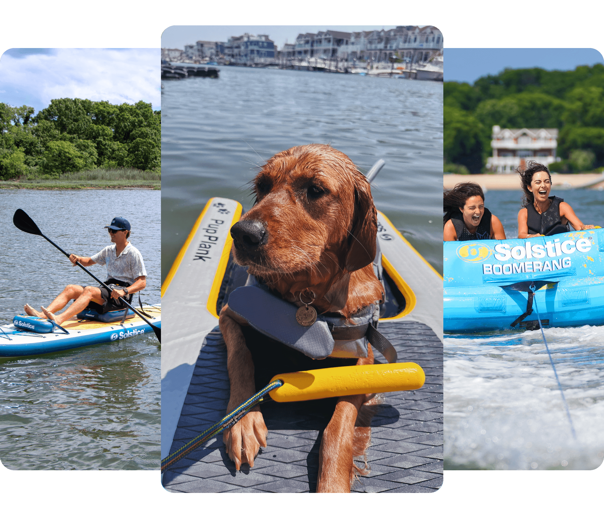 Collage of people kayaking and a dog on a kayak with Solstice EcoPaddle brand visible.